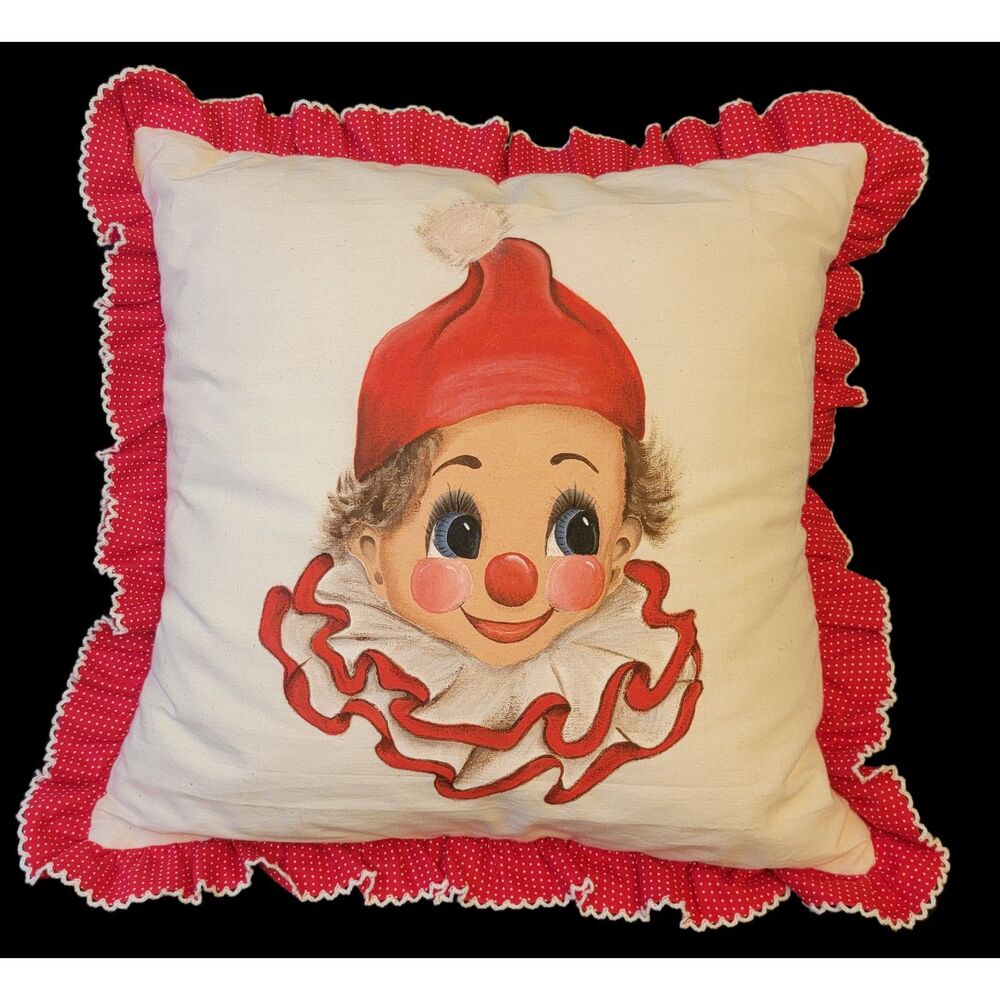 Hand Painted Hand Made Ruffled Clown Pillow Pocket Back 15" Square